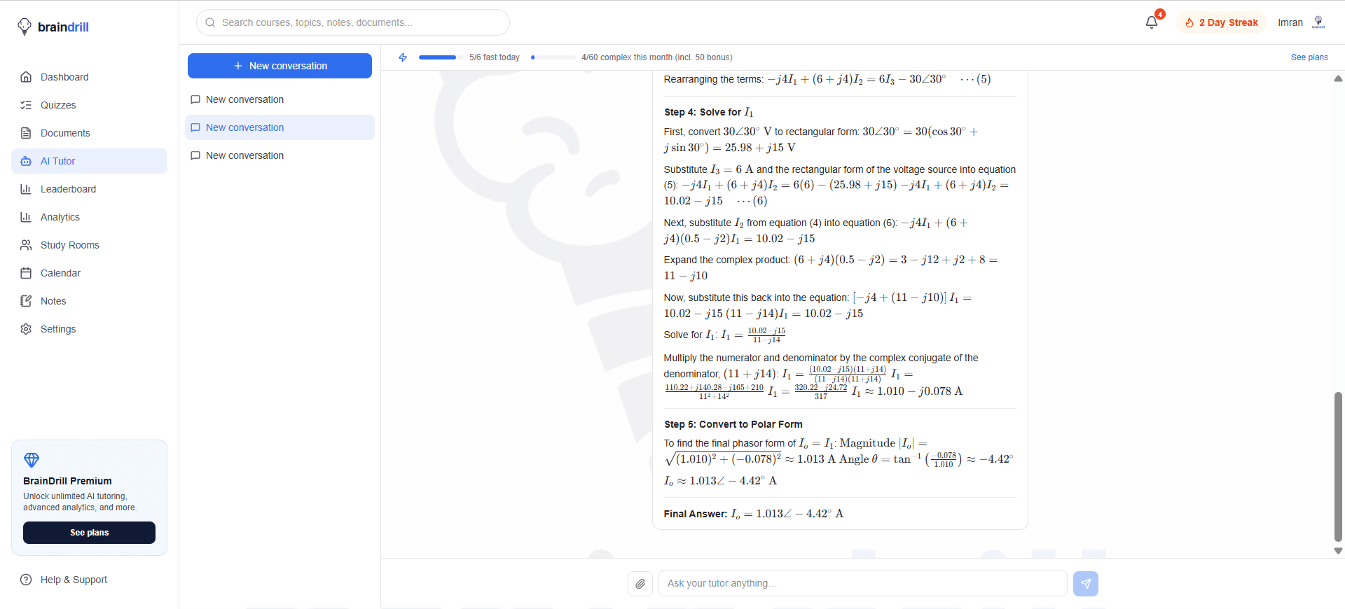 The BrainDrill AI tutor solving a problem step by step