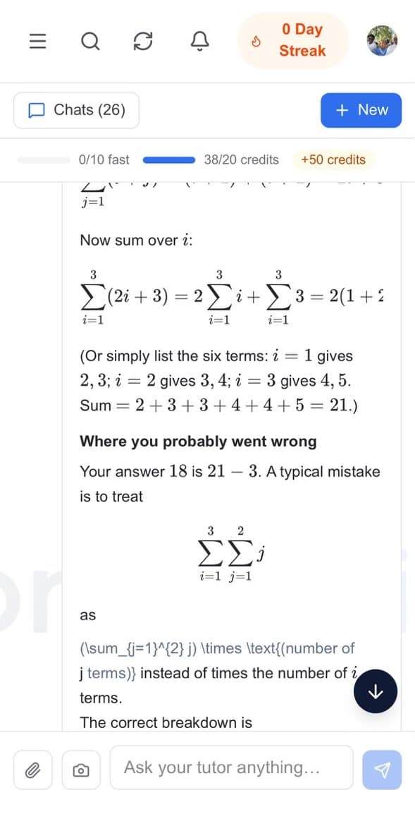 BrainDrill's AI tutor working through a summation problem step by step